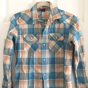 Gap kids Western Style blue/orange plaid. L-10